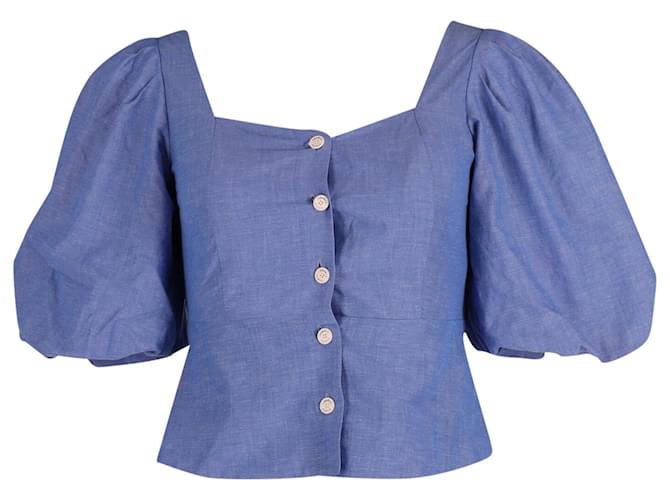 Sandro Mayan Puffed Sleeve Shirred Top in Blue Cotton   ref.630160