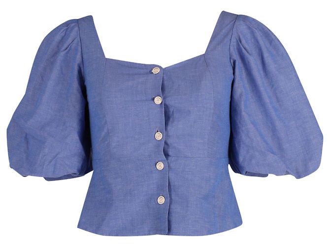 Top fruncido con mangas abullonadas Sandro Mayan de algodón azul