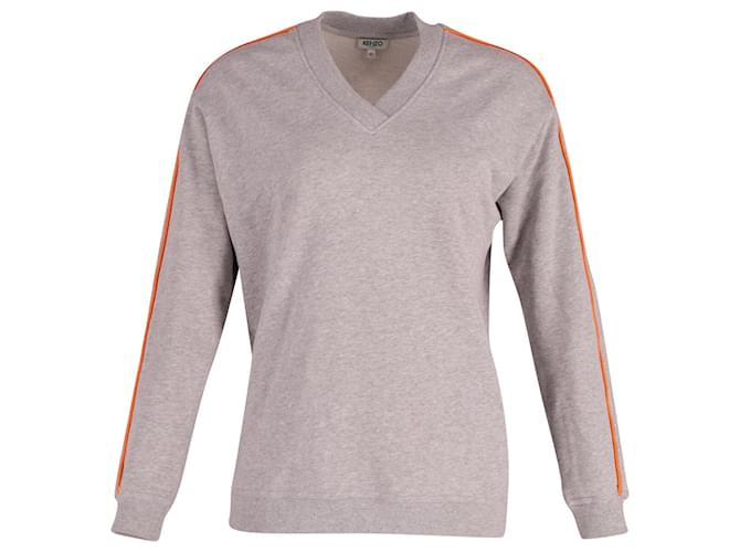 Kenzo Logo V-neck Sweater with Neon Orange Piping in Grey Cotton  ref.630196