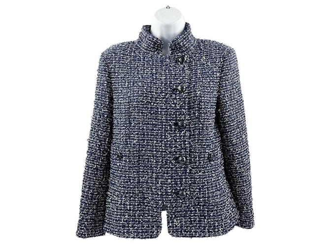 CHANEL Tweed Military Collar Jacket Blue / White Navy blue