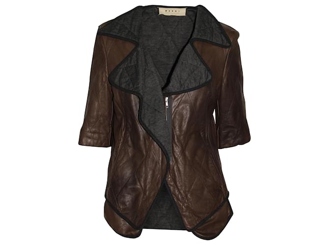 Marni Two-Tone Oversized Lapel Quilted Jacket in Brown Sheepskin Leather  ref.630213