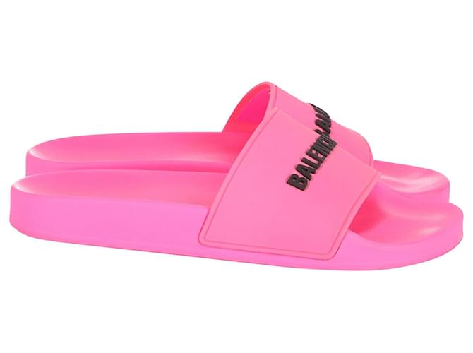 Balenciaga Logo Pool Slide Sandals in Neon Pink Rubber   ref.630215
