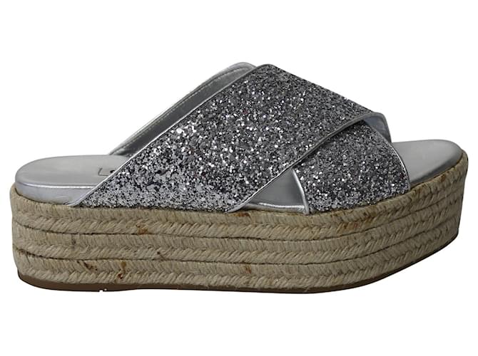 Miu Miu Glitter Criss Cross Strap Platform Espadrille Sandals in Silver Leather Silvery  ref.630225