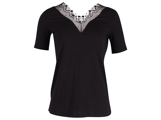Sandro Paris V-neck Top with Lace Detail in Black Cotton  ref.630249