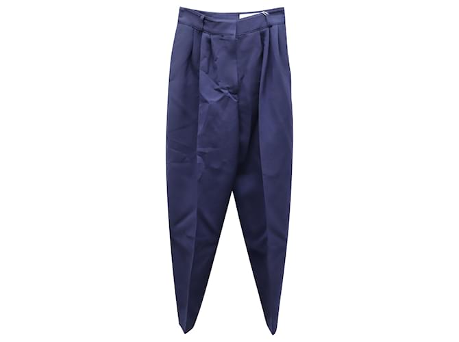 Alexander McQueen Pantalon fuselé en crêpe plissé en laine bleu marine  ref.630255