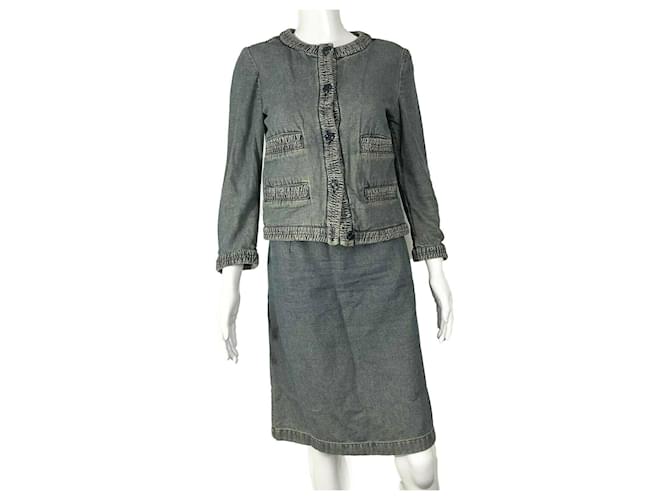 Chanel - vintage 01Conjunto de chaqueta y falda de denim lavado P Multicolor Algodón  ref.630279