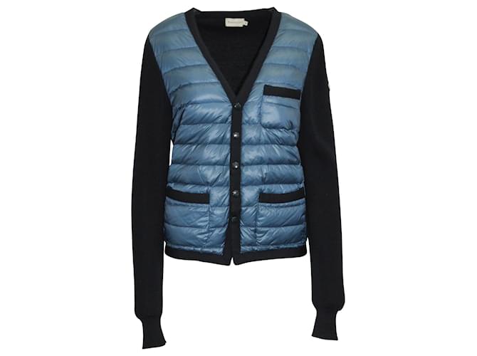 Moncler Knit Sleeve Quilted Down Panel Cardigan Jacket in Navy