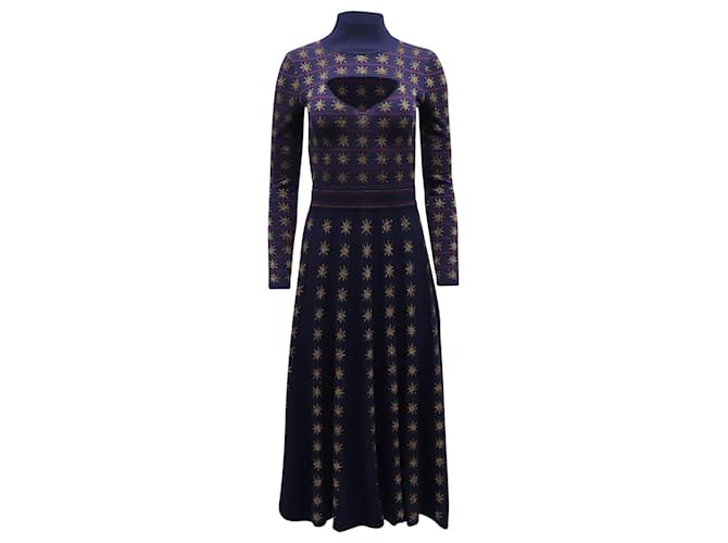 Temperley London Night Cutout Metallic Intarsia Midi Dress in Navy Wool Navy blue  ref.630391