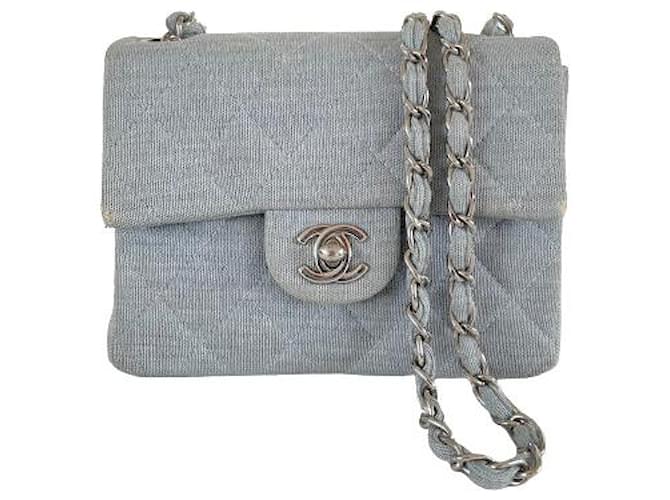Timeless Chanel square mini blue cotton silver hardware Light blue  ref.630605
