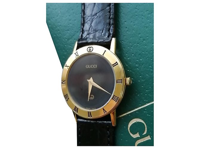Relógio original Gucci 3000 J couro de relógio de pulso Preto Gold hardware
