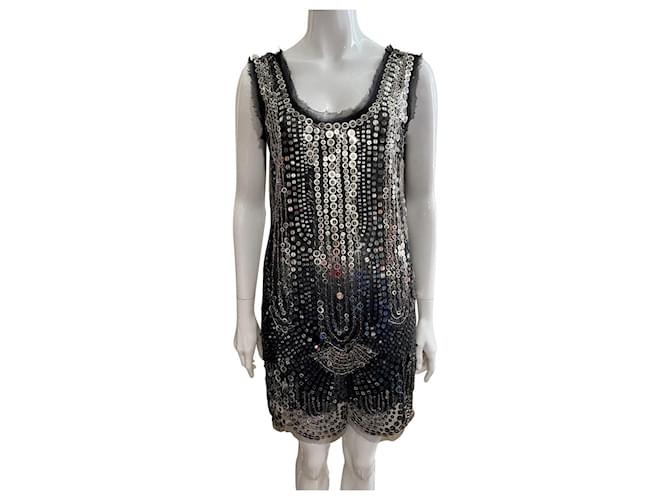 Anna Sui tulle and sequin mini dress, Generously sized Black Metallic Silk Metal  ref.630664