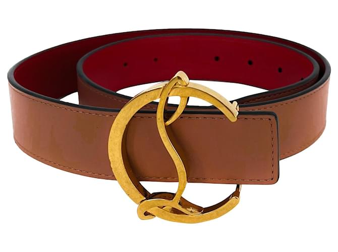 Christian Louboutin Logo Belt Antic Gold 35 CALF Brown Leather  ref.630692