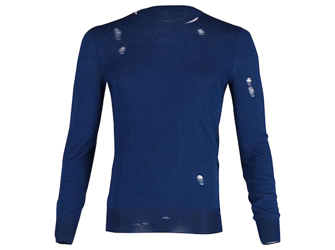 Alexander McQueen Ripped Crewneck Sweater in Blue Wool   ref.630892