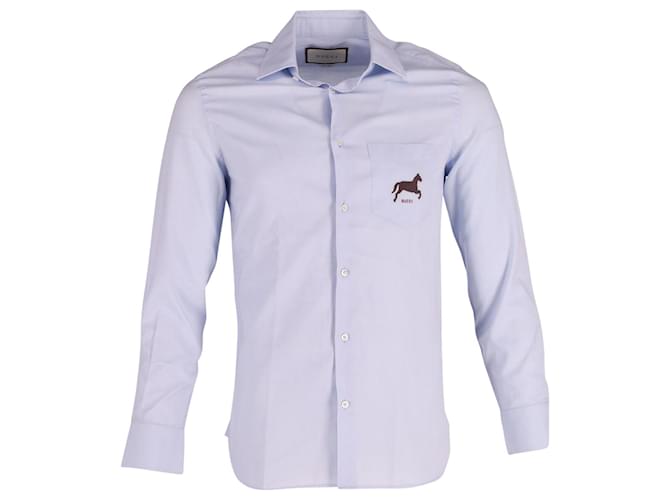 Gucci Horse Logo Long Sleeve Button Front Shirt in Light Blue Cotton   ref.630958