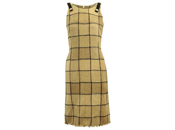 Vestido tubo sin mangas a cuadros de Chanel en lana Laine con estampado dorado  ref.630969