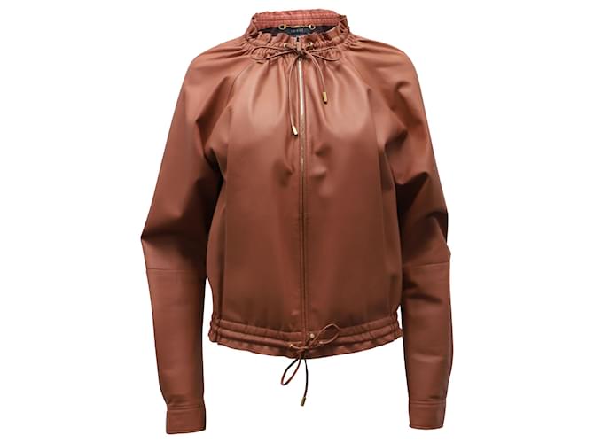 Gucci Drawstring Bomber Jacket in Brown Leather Beige  ref.631128