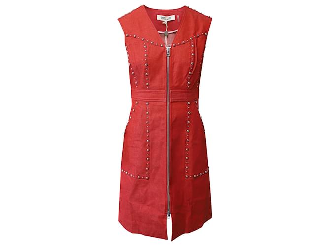 Diane von Furstenberg Zip-Front Studded Sheath Dress in Red Cotton  ref.631198