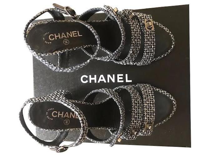 Chanel Sandalen Marineblau Tweed  ref.631347