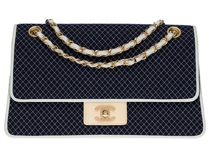Sublime and rare Chanel Timeless/Classique handbag in navy blue jersey with white diamond stitching and beige patent leather, matte gold metal trim Linen  ref.631365