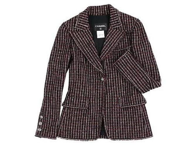 * CHANEL tailored jacket Long sleeve tweed plaid Fringe 38 black red white others Silk  ref.631494