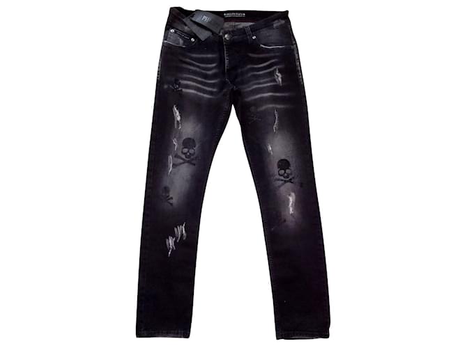 Philipp Plein 2019 Edição Limitada Slim Fit B.- EU.T.C.H Usado Look Desgastado Jeans Efeito Preto Algodão  ref.631579