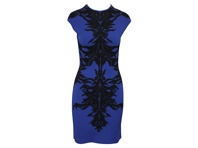 Alexander Mcqueen Electric Blue Slim Fit Kleid mit schwarzer Stickerei Blau Polyester  ref.631696