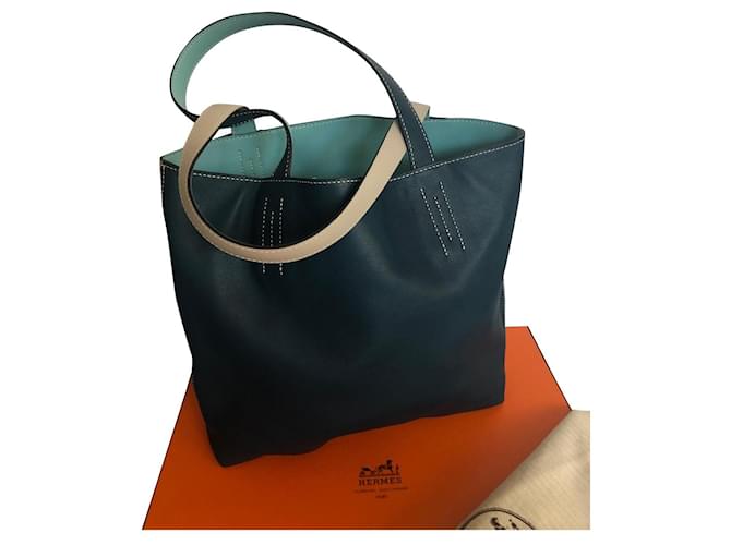 Double sens Hermès lined meaning Light blue Leather  ref.631892