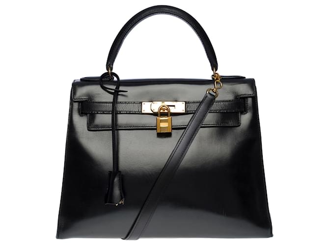Hermès Impressionante bolsa Hermes Kelly 28alça de ombro sela de cm em couro caixa preta, guarnição de metal banhado a ouro Preto  ref.632090
