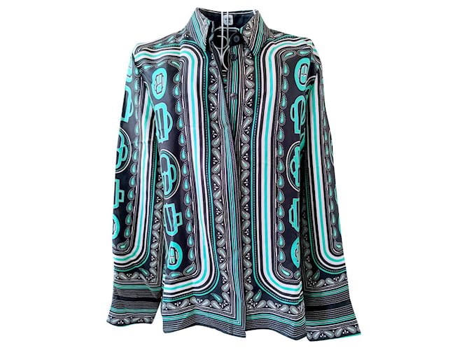 Hermès silk shirt Black Green Turquoise  ref.632163