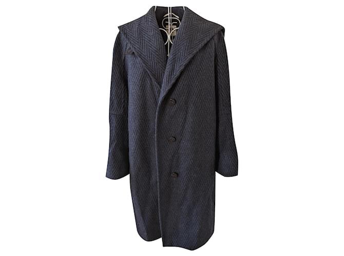 Hermès navy blue herringbone coat Black Wool  ref.632179