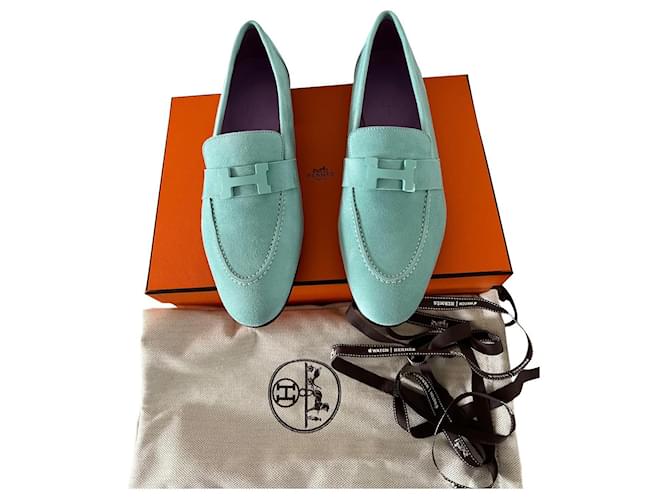 Hermès Hermes Paris loafers Vert Embrun Light blue Turquoise Leather Deerskin  ref.632283
