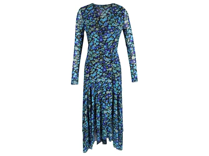 Ganni Vestido Maxi Wrap com Estampa Floral em Poliamida Azul Nylon  ref.632303
