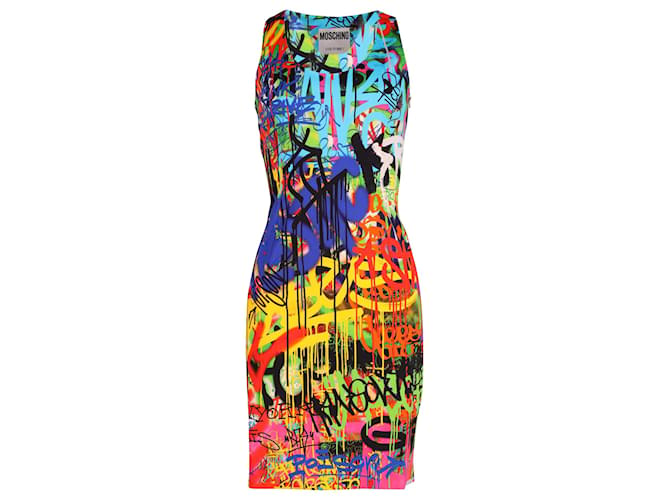 Moschino Figurbetontes Kleid mit Graffiti-Print aus mehrfarbigem Rayon Strahl Zellulosefaser  ref.632312
