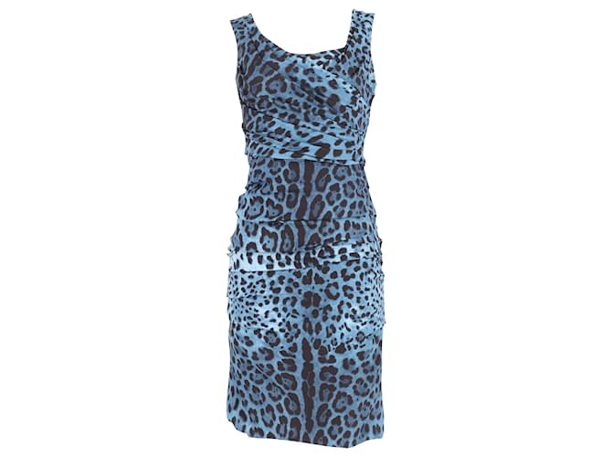 Dolce & Gabbana Gerafftes Minikleid mit Leopardenmuster aus blauer Seide mit Animal-Print  ref.632313