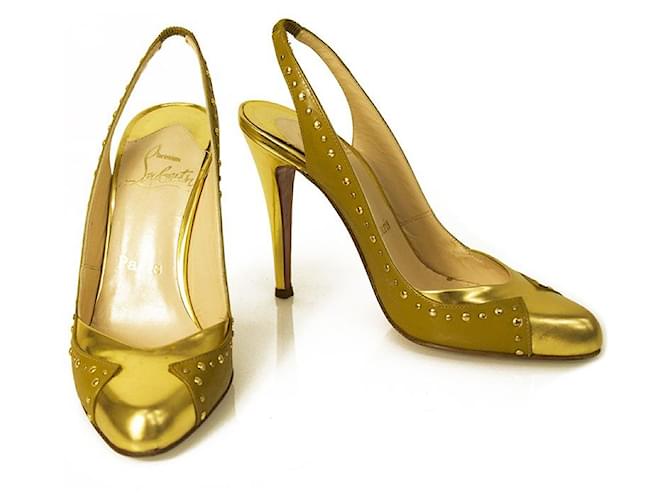 Christian Louboutin Specchio Mirror Gold 3 Leather Slingback Studded Heels 36 Golden  ref.632424