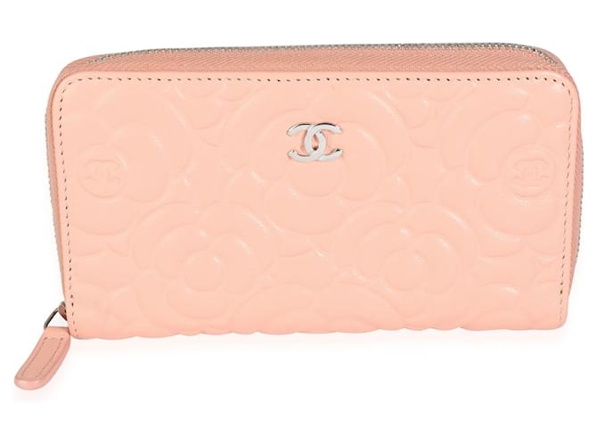 Chanel Peach Pink Camellia Embossed Zip Around Wallet   ref.632463