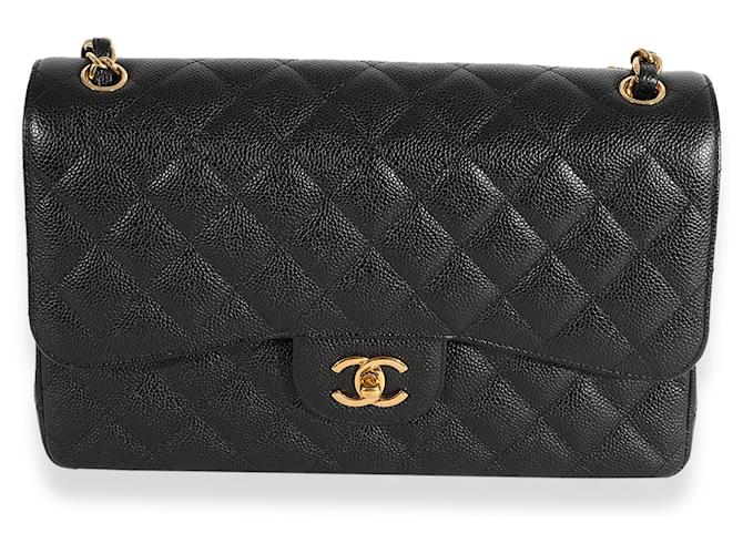 Chanel Black Quilted Caviar Jumbo Classic bolso con solapa forrado Negro Cuero  ref.632474