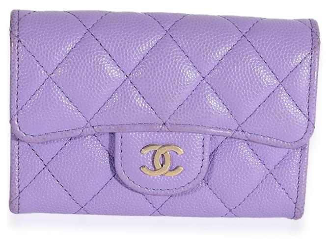 Portefeuille porte-cartes à rabat caviar matelassé violet Chanel  ref.632494
