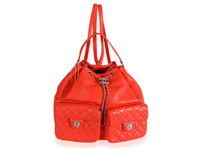 Chanel Coral Calfskin Double Pocket Drawstring Backpack  Orange Leather  ref.632498