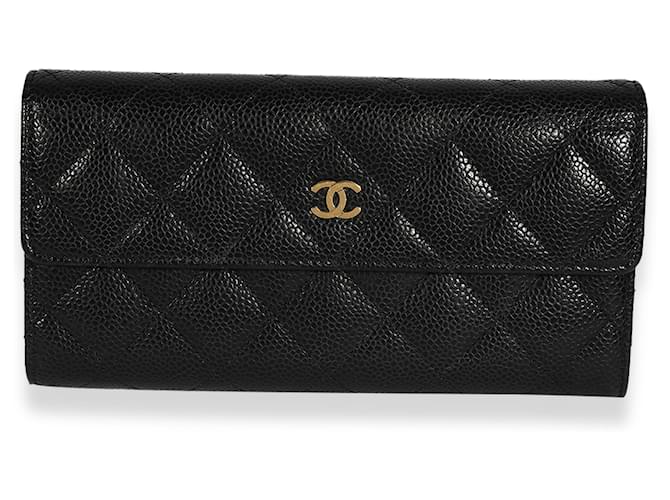 Chanel Black Quilted Caviar Long Flap Wallet  Leather  ref.632505