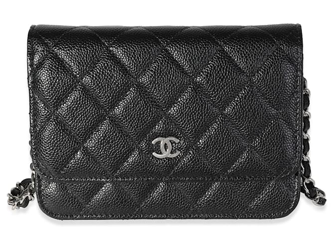 Wallet On Chain Chanel Schwarze gesteppte Kaviar-Mini-Geldbörse an Kette Leder  ref.632506
