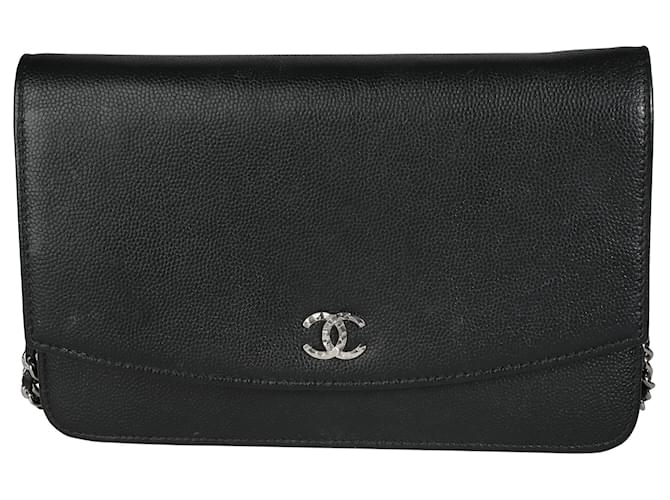 Wallet On Chain Carteira de couro preto caviar Chanel com corrente  ref.632537