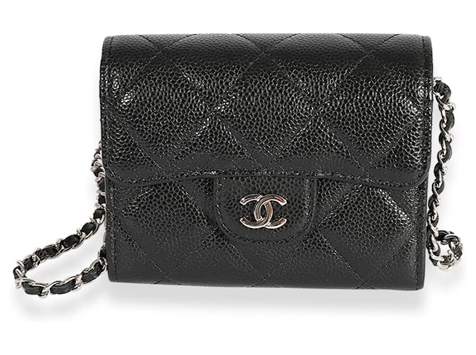 Chanel Black Quilted Caviar Mini Flap Card Holder On Chain Leather  ref.632544 - Joli Closet