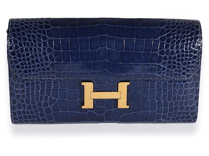 Hermès Hermes Bleu Saphir & Bleu Paon Shiny Alligator Constance Wallet Ghw Blue  ref.632572