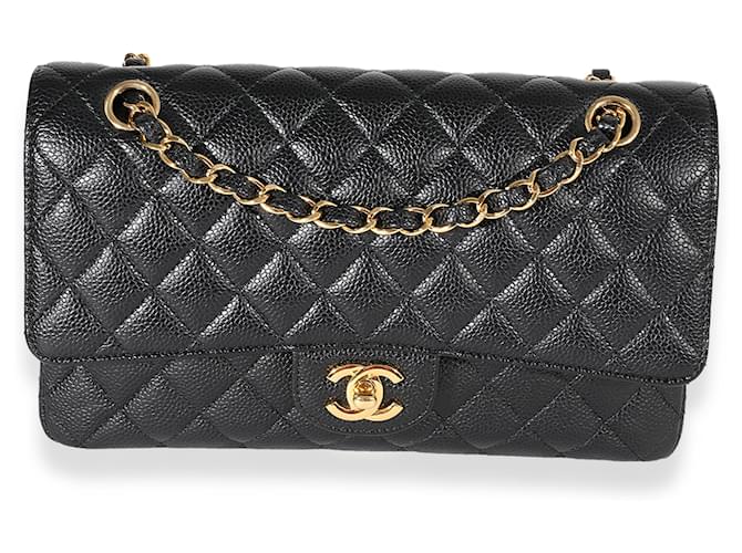 Bolsa Chanel Black Acolchoado Caviar Médio Clássico Forrado com Aba Preto Couro  ref.632583