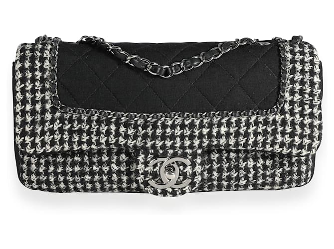 Bolsa Chanel Black & White Jersey e Houndstooth Boucle Single Flap Preto Couro  ref.632584