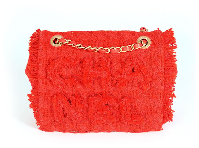 Chanel Red Frayed Tweed '' Flap Bag Rot  ref.632595