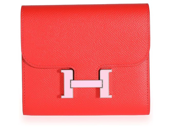 Hermès Hermes Rouge De Coeur Epsom & Rose Sakura Enamel Compact Constance Monedero Phw Roja