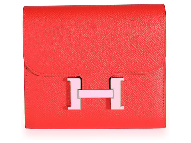 Hermès Hermes Rouge De Coeur Epsom & Rose Sakura Enamel Compact Constance Monedero Phw Roja Cuero  ref.632597
