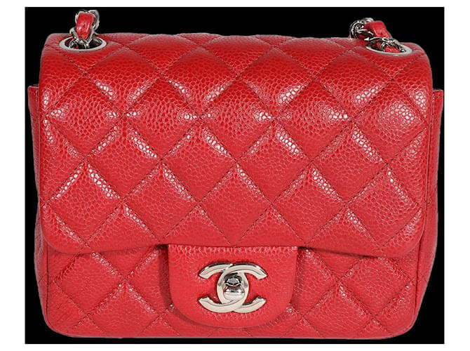 Chanel Red Quilted Caviar Mini Square Classic Flap Bag Rot Leder  ref.632613
